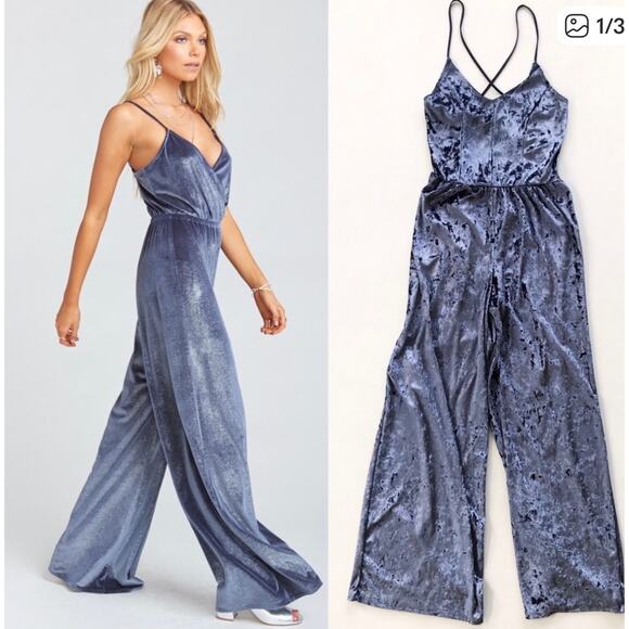 NWT Snap Blue Crushed Velvet Velour Wide Leg Jumpsuit Sz XL Boho Hippie - Picture 1 of 12